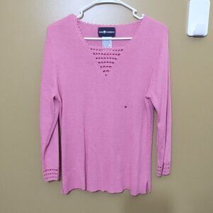 VTG 90s Sag Harbor Long Sleeve V Neck Knit Sweater w Crochet Accents M Barbie